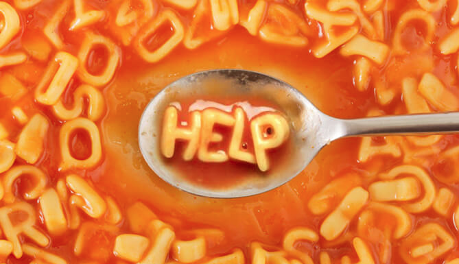 alphabet soup spelling "help"