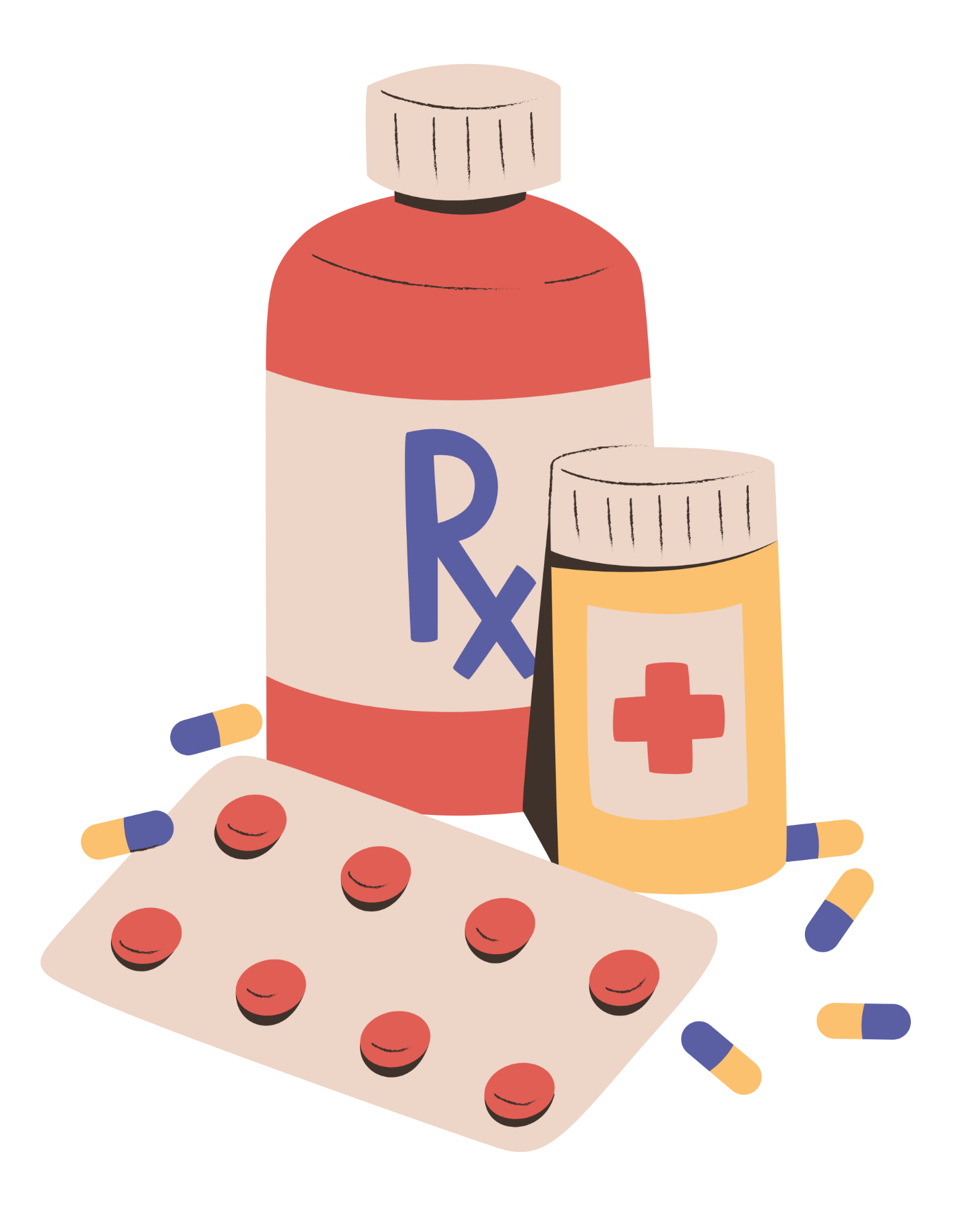 cartoon medication bottle with red pills