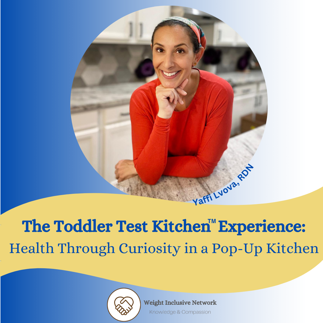 Yaffi Lvova in a bright orange/red shirt, leaning on a kitchen counter that is mean tto look like hers but would actually be much dirtier if it was... anyway, she smiles at the camera advertising the talk below: The Toddler Test Kitchen Experience: Health Through Curiosity in a Pop-Up Kitchen 