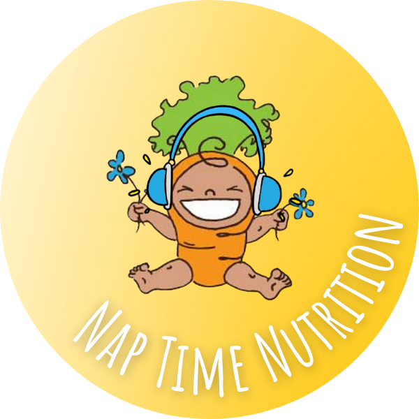 Nap Time Nutrition with logo: carrot baby with headphones