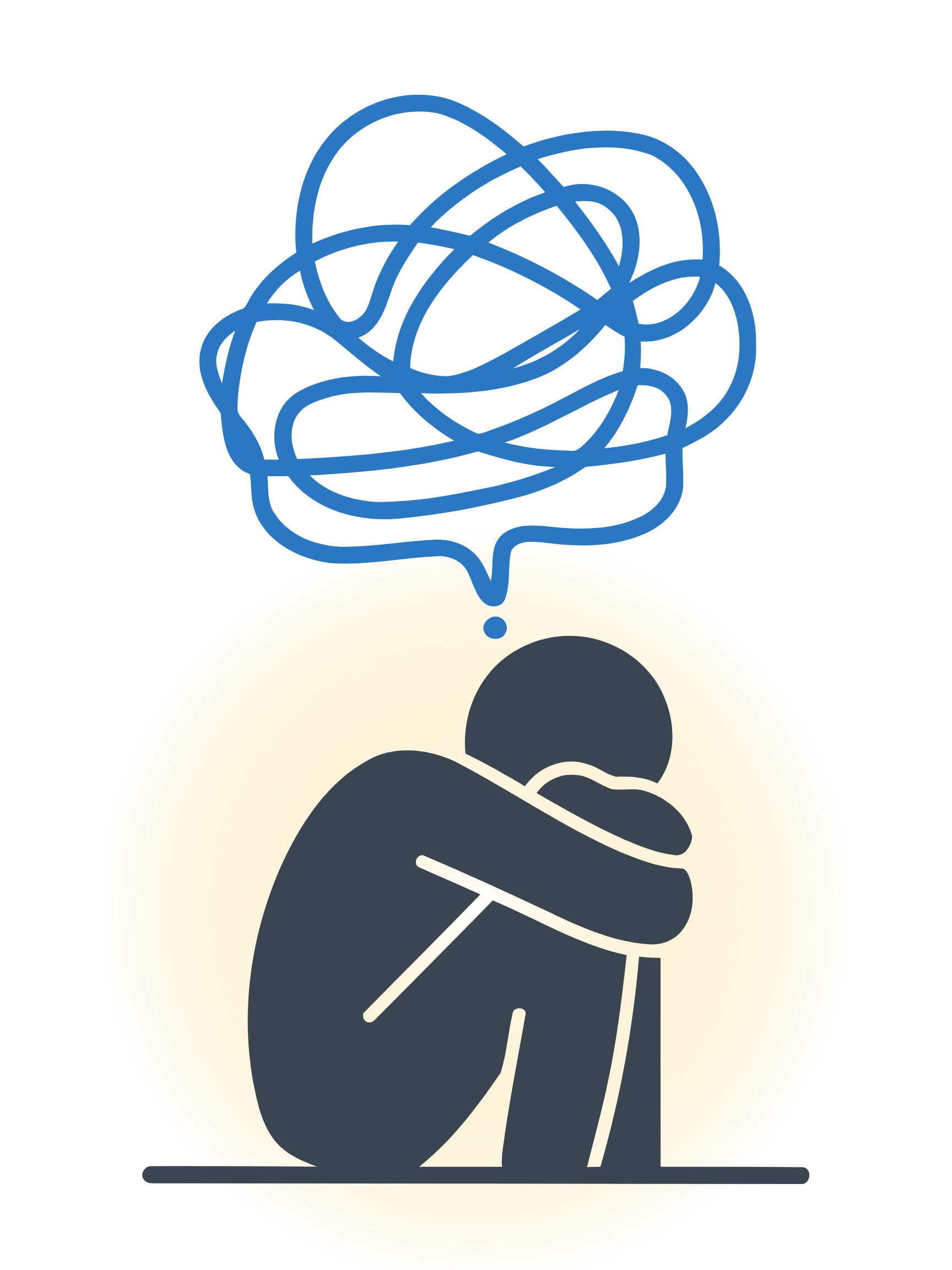 line drawing of a person crouched, squiggly stress lines overhead